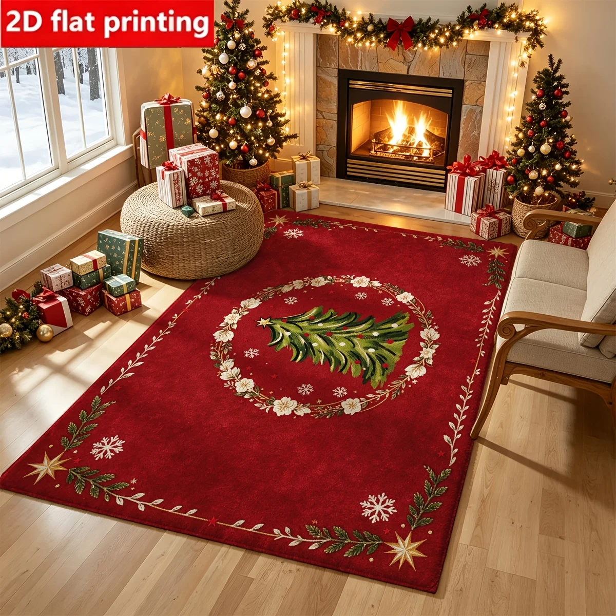 1pc 2D Flat Wreath Christmas Tree Snowflake Printed Floor Mat, Decorative Rug for Living Room, Bedroom, Home