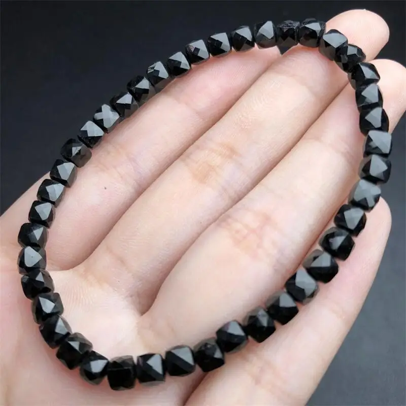 4MM Natural Black Tourmaline Cube Bracelet Handmade Crystal Quartz Jewelry Stretch Bangle Children Birthday Gift 1PCS