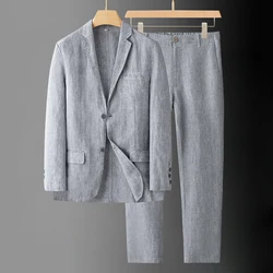 Primavera Verão Linho Blazer Homem 2 Peça Blazers Set Para Homens Terno Masculino Solto Negócios Moda Casual Estilo Fino 2023 Novo