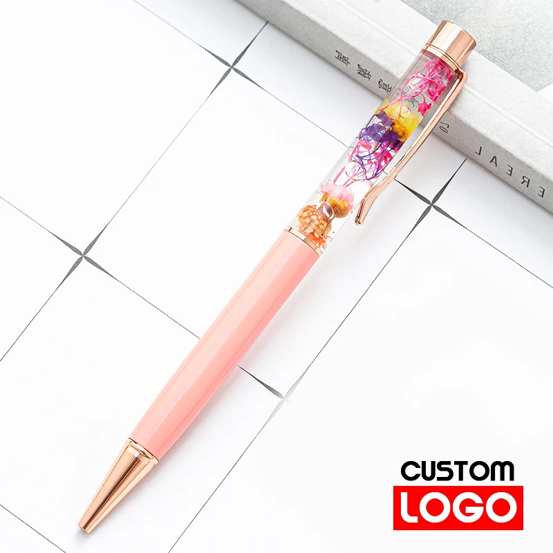 10pcs Eternal Life Flower Oil Pen Metal Ballpoint Pen Lettering Engraved Name Advertising Pen Custom Logo Stationery Wholesale