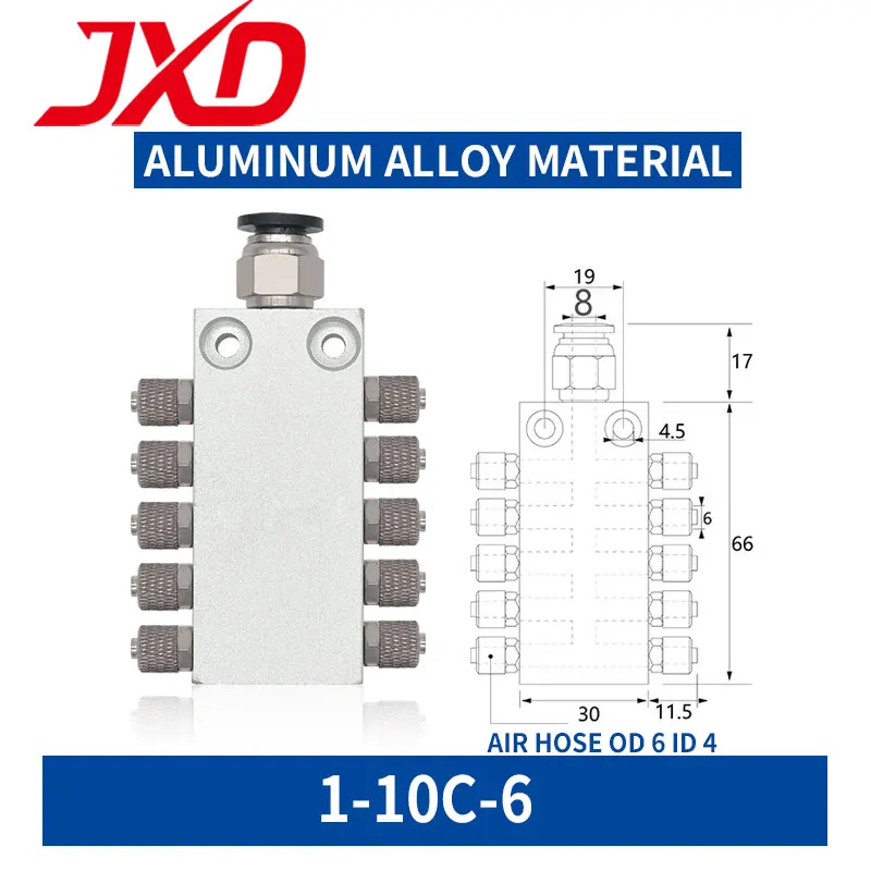 JXD 1 In 10 Out raccordo pneumatico connettore rapido tubo aria a 10 vie giunto distributore collettore vuoto