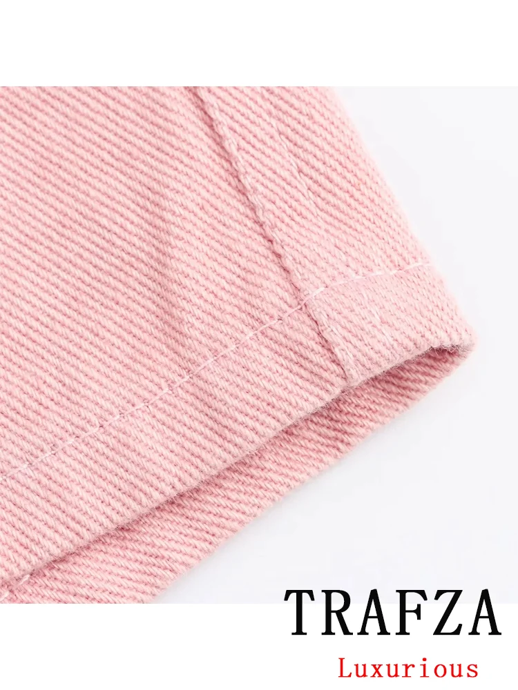 TRAFZA Vintage Casual Pink Denim Chic Women Suit V Neck Loose Jackets Loose Straight Buttons Shorts New Fashion 2024 Summer Sets