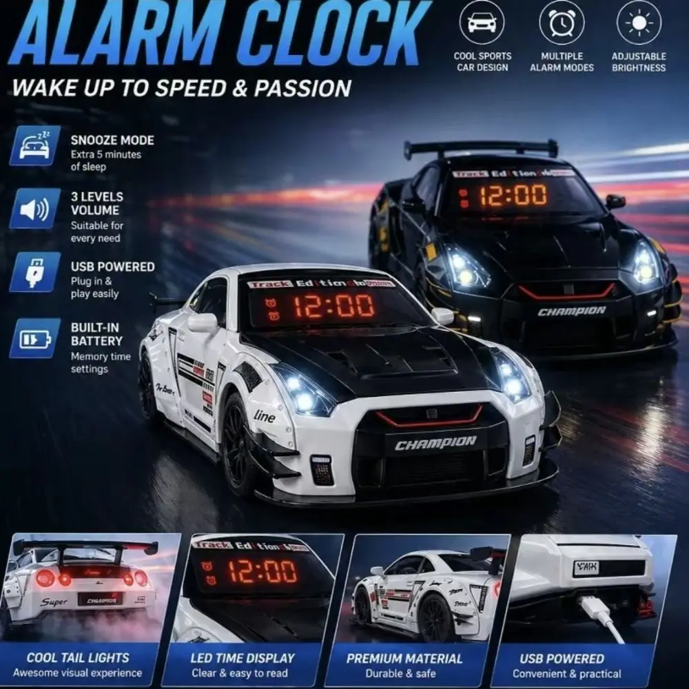 Rechargeable Hypercar Alarm Clock Alloy Body LED Display Supercar Alarm Clock Exhaust Light Effects Spray Effect Car Model Clock