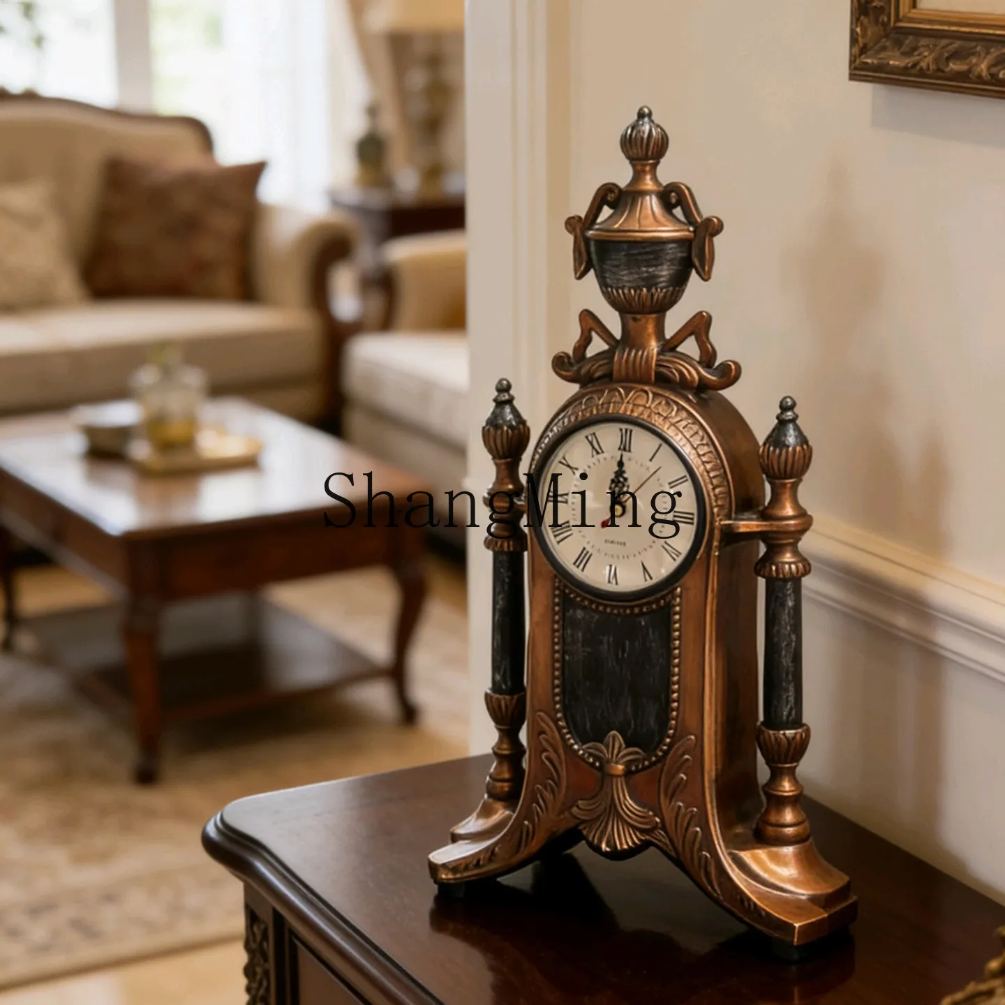 FG  living room  ornament large seat clock retro imitation copper gold seat clock antique table clock