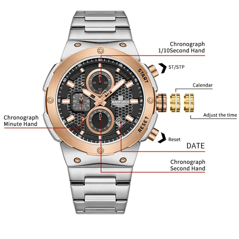 Naviforce homem quartzo marca superior relógio de luxo luminoso cronógrafo relógio de pulso aço inoxidável à prova dwaterproof água data calendário relógio