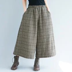Johnature Wide Leg Loose Plaid Women Pants Elastic Waist Calf-Length 2025 New Casual Office Lady Women Pants