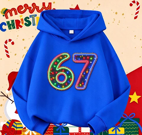 Children's Number 67 Christmas Print Hooded Sweater Casual, Comfortable and Soft Can Be Used As A Christmas Gift