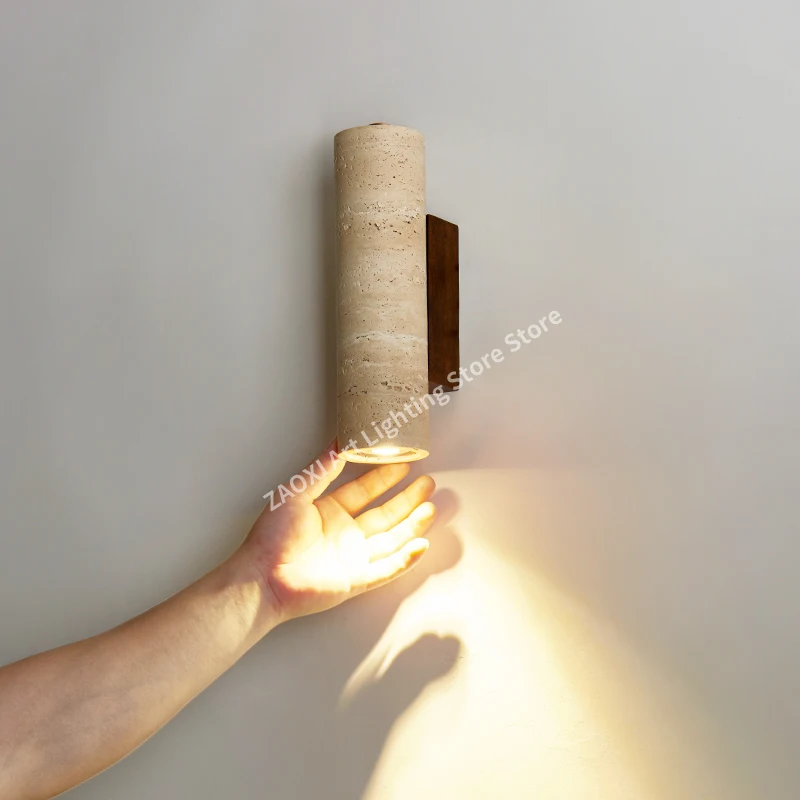 

Yellow Travertine Wall Lamp Vintage Design Wood Stone Sconce Light Hallway LED Lighting Fixture Bedroom Bedside Home Decor Light