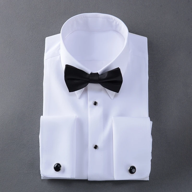 White evening dress square neck men\'s long sleeved shirt banquet party wedding dress 100% cotton French shirt for men