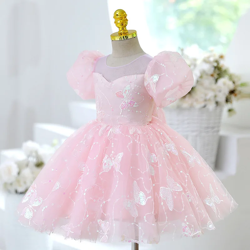 

Puff Sleeve Little Host Dress, Princess Dress New Pink First Birthday Party Dress for Girls