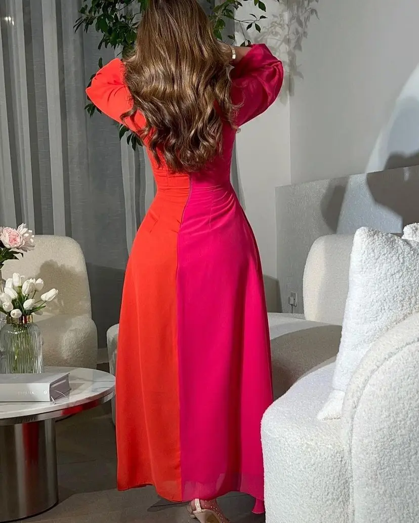 Santorini فساتين للحفلات الراق V Neck Long Sleeves Prom Dresses Ruched Chiffon Real Image Evening Gowns Contrast Color Vestidos