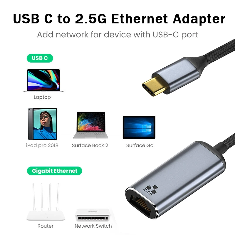 2.5G USB C Ethernet Adapter 1000/2500Mbps RJ45 RTL8156 Network Card Thunderbolt3 Type-C To 2.5 Gigabit LAN for Macbook Laptop PC