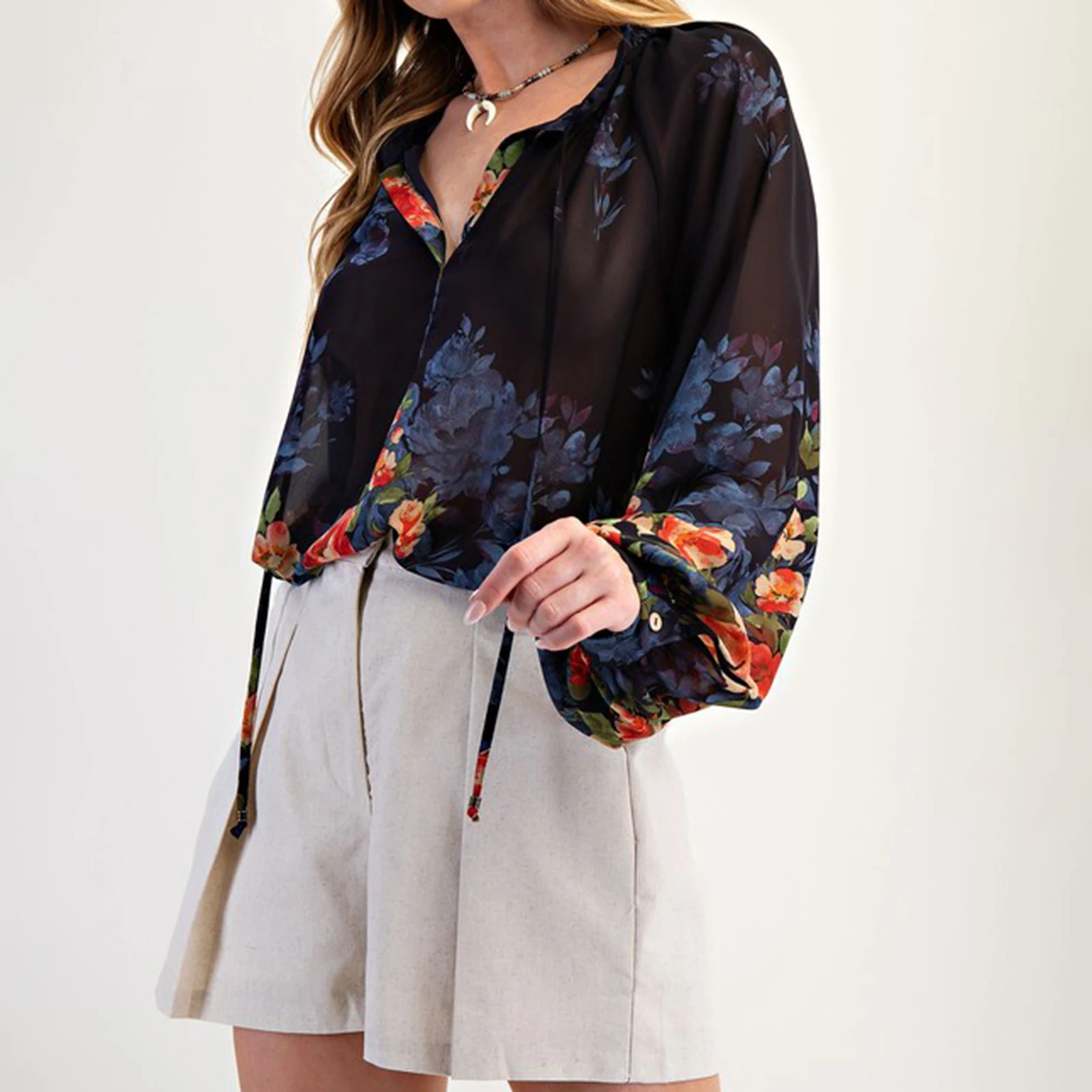 

Женские свободные рубашки с v-образным вырезом, туника с длинными рукавами-фонариками и цветочным принтом, осенняя блузка
