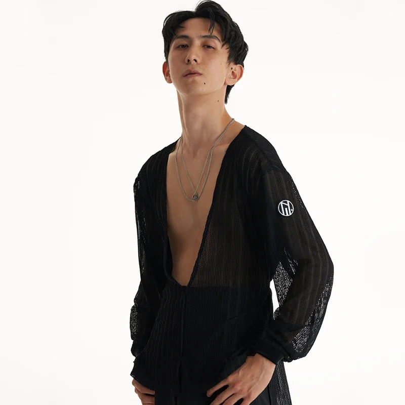 남성 현대 무용 의류 남성 라틴 의상 섹시한 빅 v 넥 메쉬 셔츠 Chacha Rumba Tango Dress 라틴 댄스상의