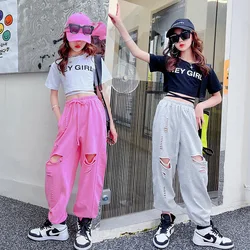 Kids Tracksuits Summer Girls 2 Pcs Set Toddler Crop Top Or Pants For Baby Children Streetwear Clothes Bandage Hole Cotton 4-13Y