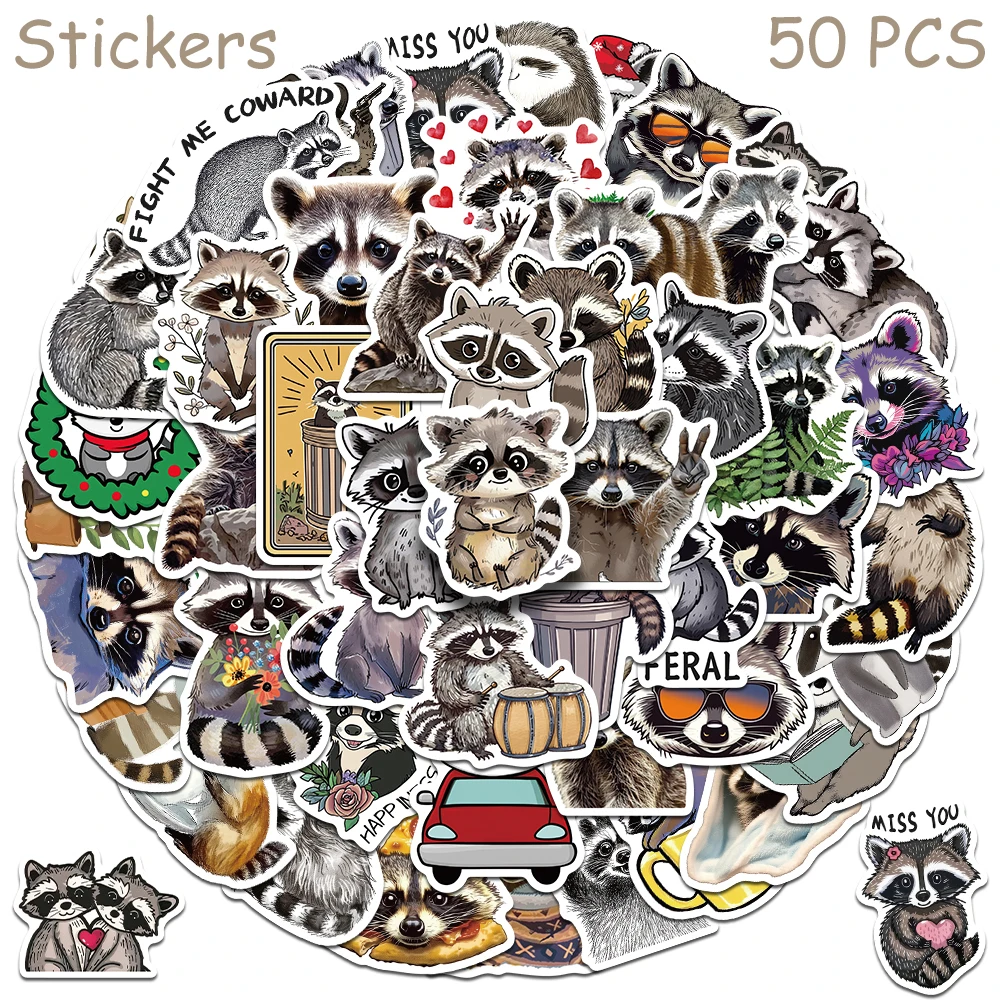 

50pcs Cartoon Cute Raccoon Stickers Decals For Phone Laptop Skateboard Suitcase Guitar Aesthetic Stickers Students Toys Gifts