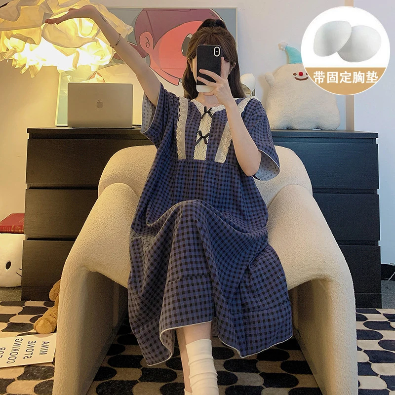 Women'S Summer Nightgown, Cloud Cotton Short-Sleeve Plaid Long With Chest Pads, Casual And Loose-Fitting Ins Home Dress