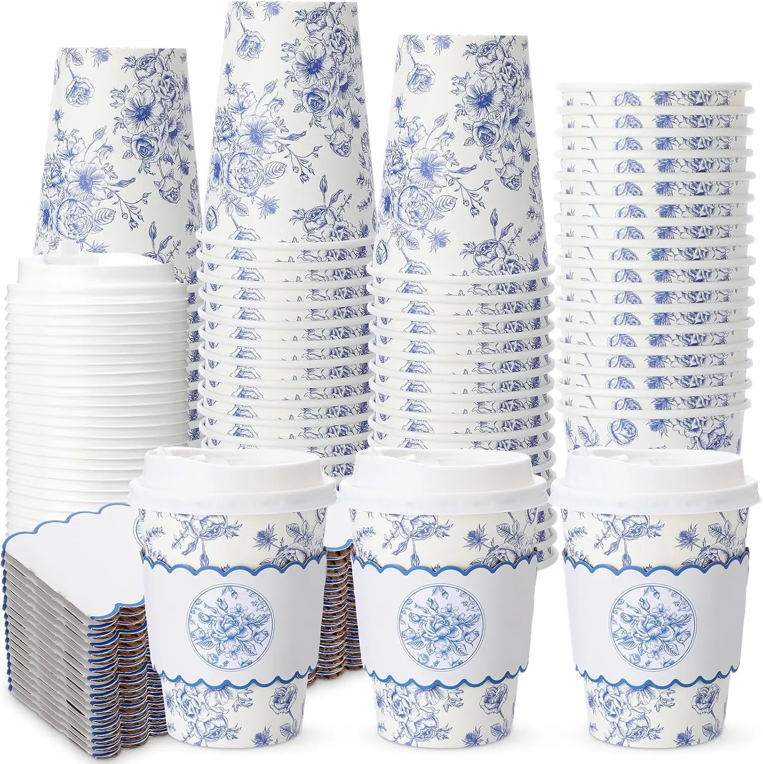 

48 Set Blue Floral Paper Coffee Cups with Lids and Sleeves 12 oz Vintage Flower Disposable Drinking Cups Bulk for Birthd