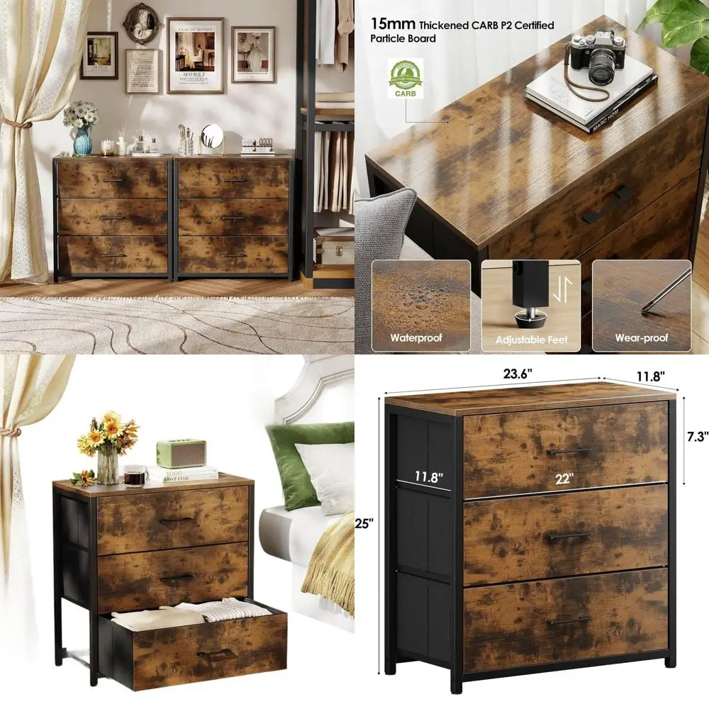 

Bedroom Storage Chest with 3 Drawers: Fabric Dresser on Wooden Top and Steel Frame for Living Spaces