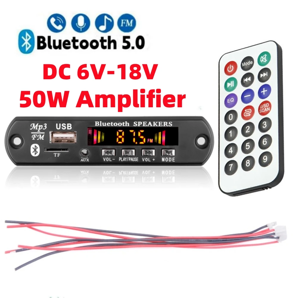 Amplificador con Bluetooth, placa decodificadora de Audio MP3, 2x25W, 50W, 5V, 12V, 18V, fuente de alimentación USB, TF, Radio FM, reproductor MP3