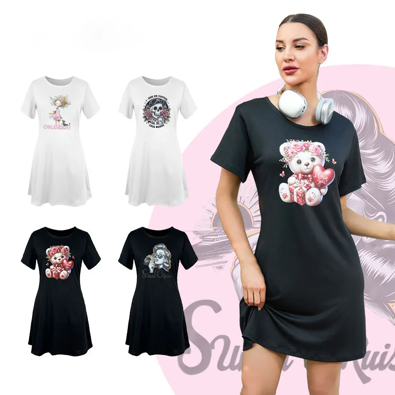 المرأة شخصية طباعة تي شيرت نمط ملابس المنزل أزياء قصيرة الأكمام فضفاضة قمصان النوم بلون لينة الحليب الحرير النسيج تنورة #1