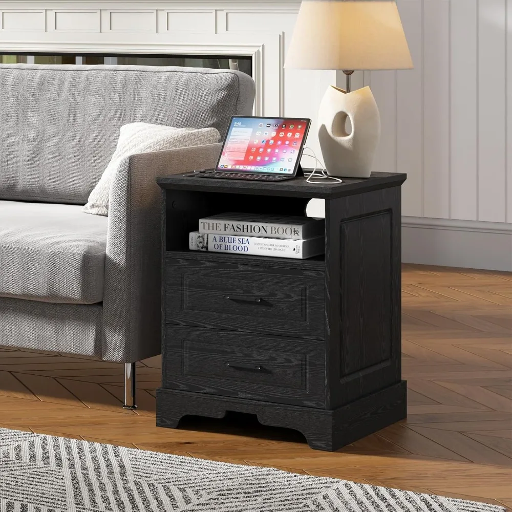 منضدة المزرعة مع قاعدة شحن، حامل ليلي عريض 18 بوصة مع أدراج وتخزين، طاولة جانبية مربعة بجانب السرير، fo #2