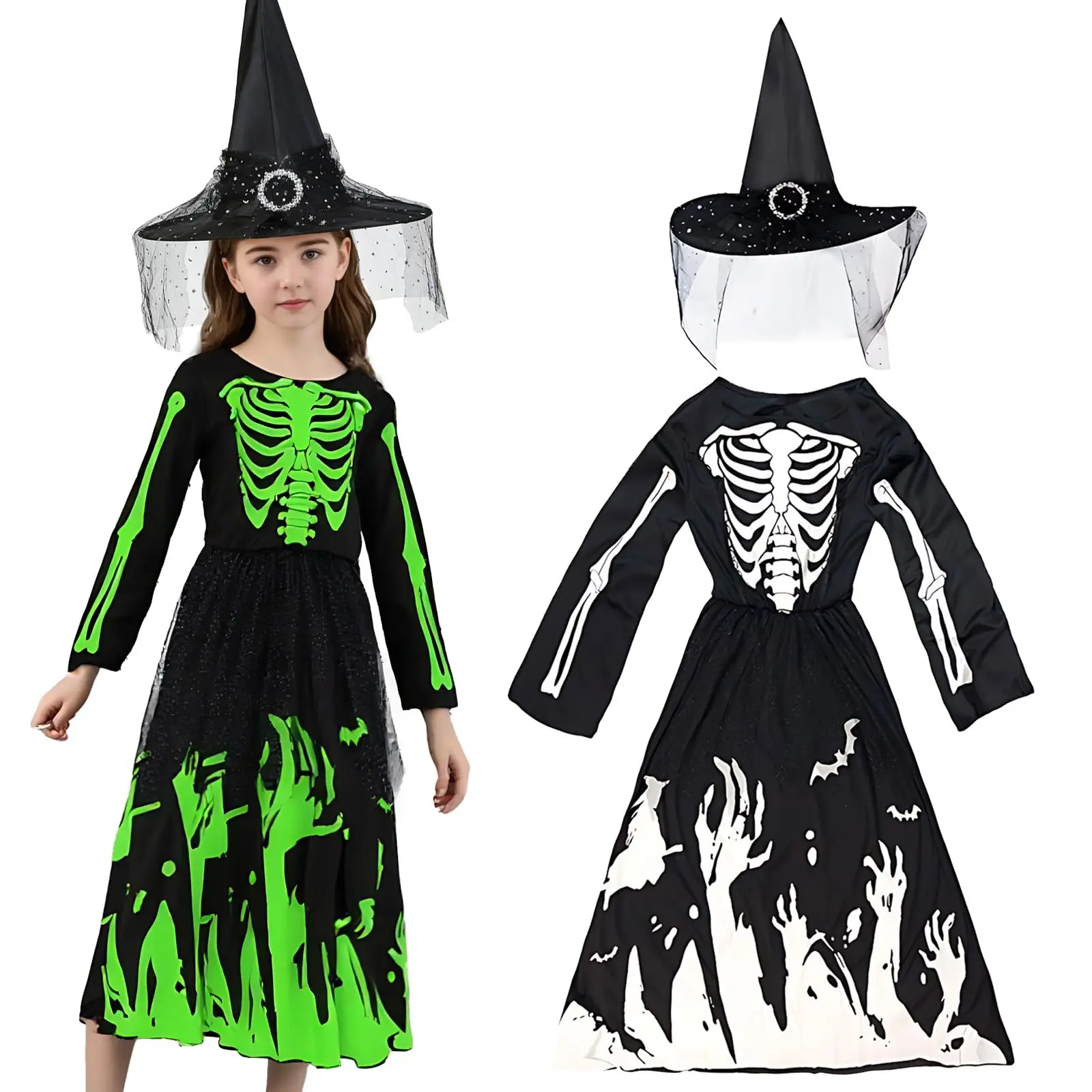 

Girls Grim Reaper Costume Glow In The Dark With Witch Hat Scythe Skeleton Costume Glow Set Halloween Skeleton Cosplay Costumes