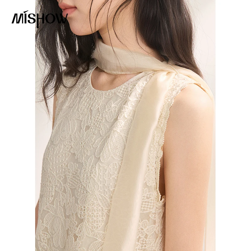 MISHOW Women Embroidery Lace Two-Layer Dress Sleeveless with Matching Scarf Included Elegant 2026 Summer Midi Dress MXF22L2663
