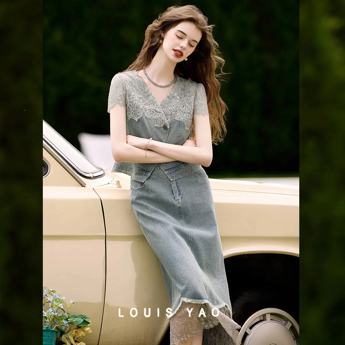 

LOUIS YAO Summer New Women's Set 2025 Hollow Lace Splicing Denim Two piece Set V-neck Splicing Denim Top and A-line Half Skirt