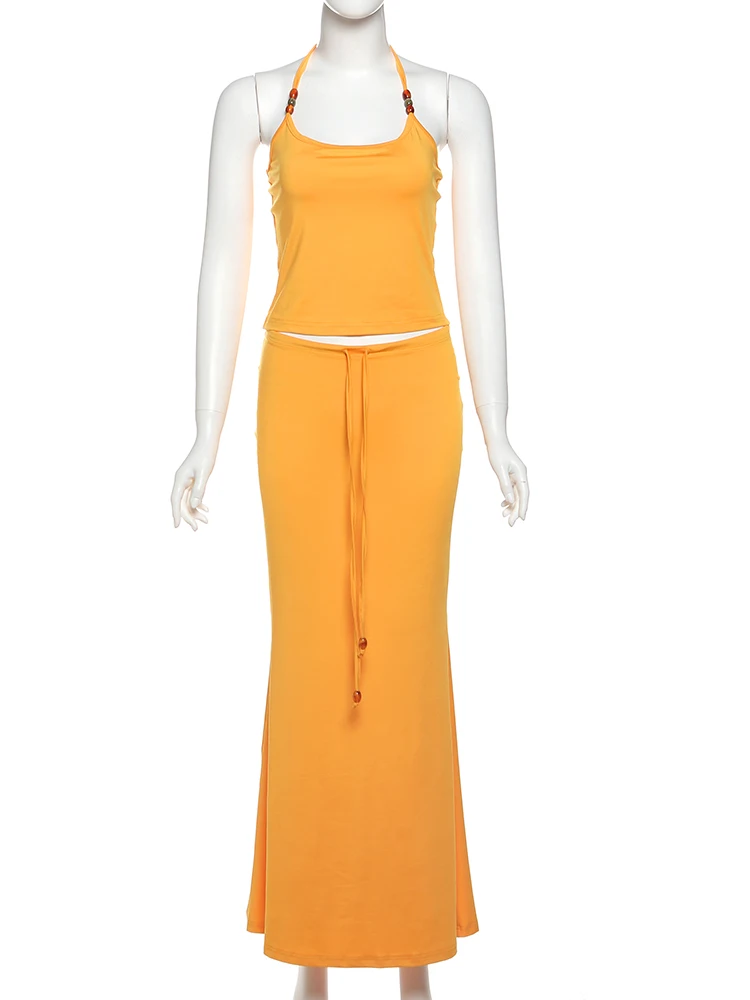 Kliou Sederhana Musim Panas Yang Sesuai dengan Set Klasik Padat Perban Halter Slim Backless Tank + Rok Maxi Wanita Dasar High Street Setelan
