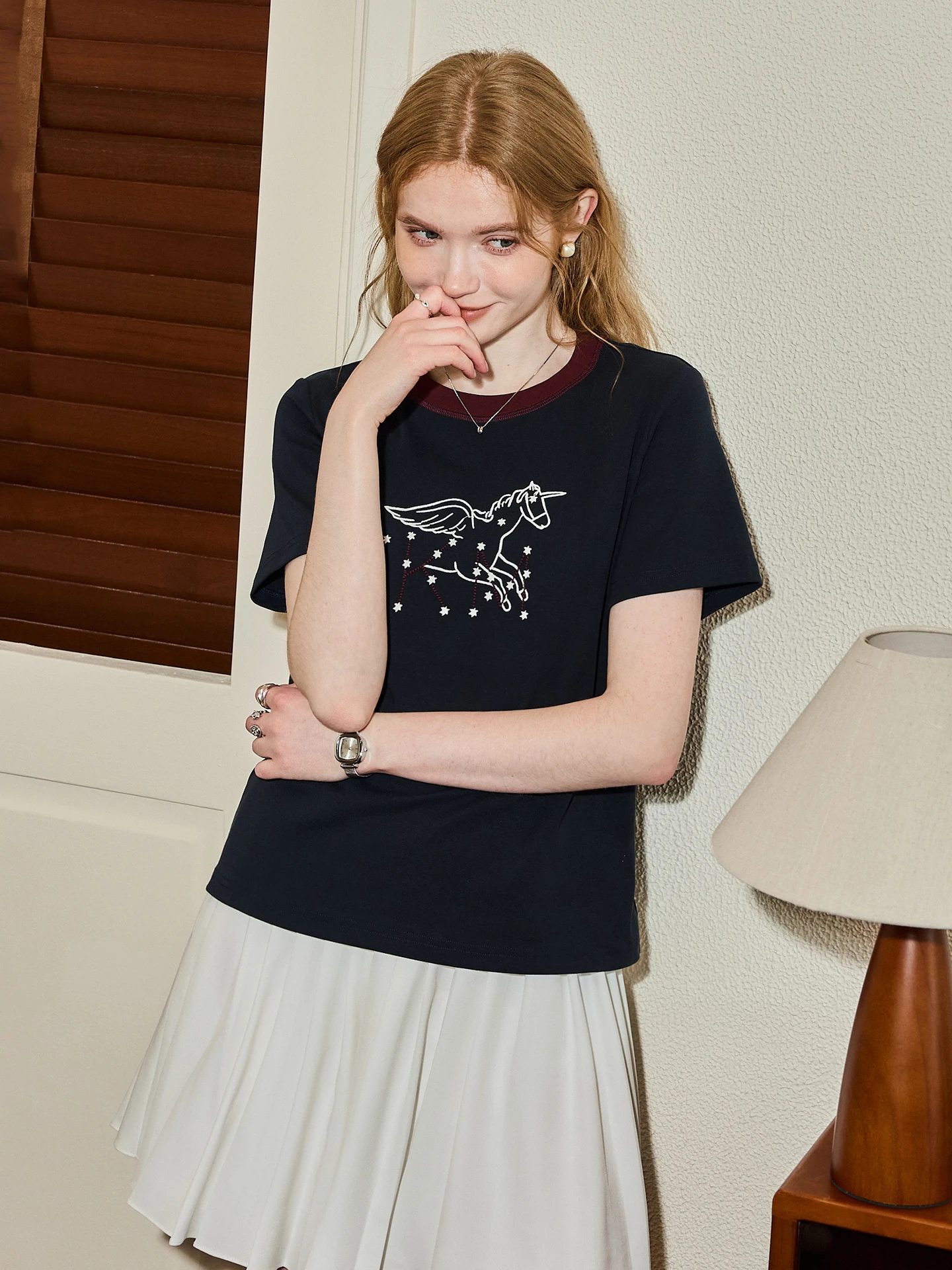 KuHNMaVi Cambodian Short Sleeve T-Shirt Summer Women's Campus Color Block Embroidery Slimming Comfortable Shoulder Line Top