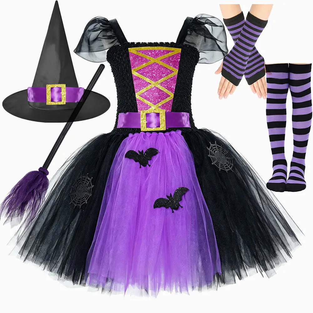 Girls Purple Black Witch Tutu Dress Bat Spider Web Halloween Costumes with Hat Broom Socks Kids Carnival Party Fancy Outfit