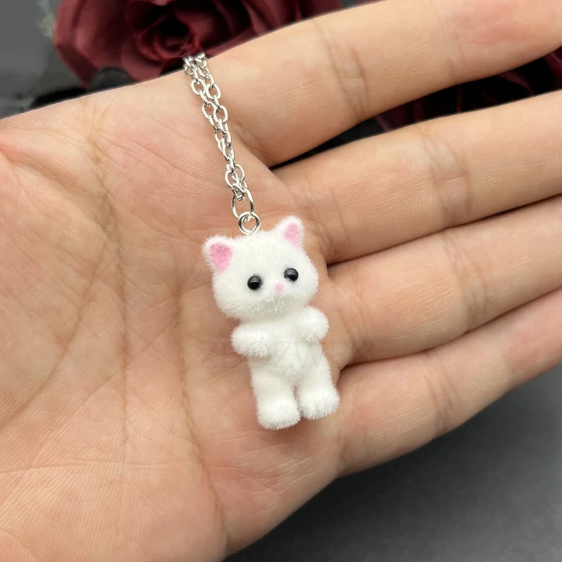 1PCS 3D Cartoon Flocking Cat Necklaces Kawaii Necklace Ring Animal Necklaces Souvenir Gifts for Women Men Pendant DIY Jewelry