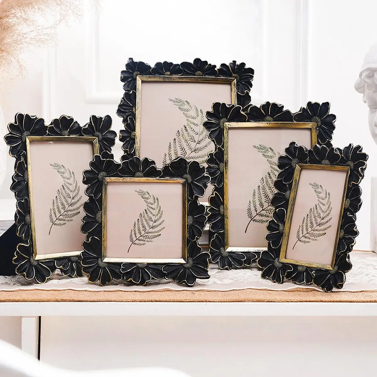 4/5/6 Inches Vintage French-style Photo Frame. Black And Gold Border 3D Daisy Flower-shaped Decorative Photo Frame Frame