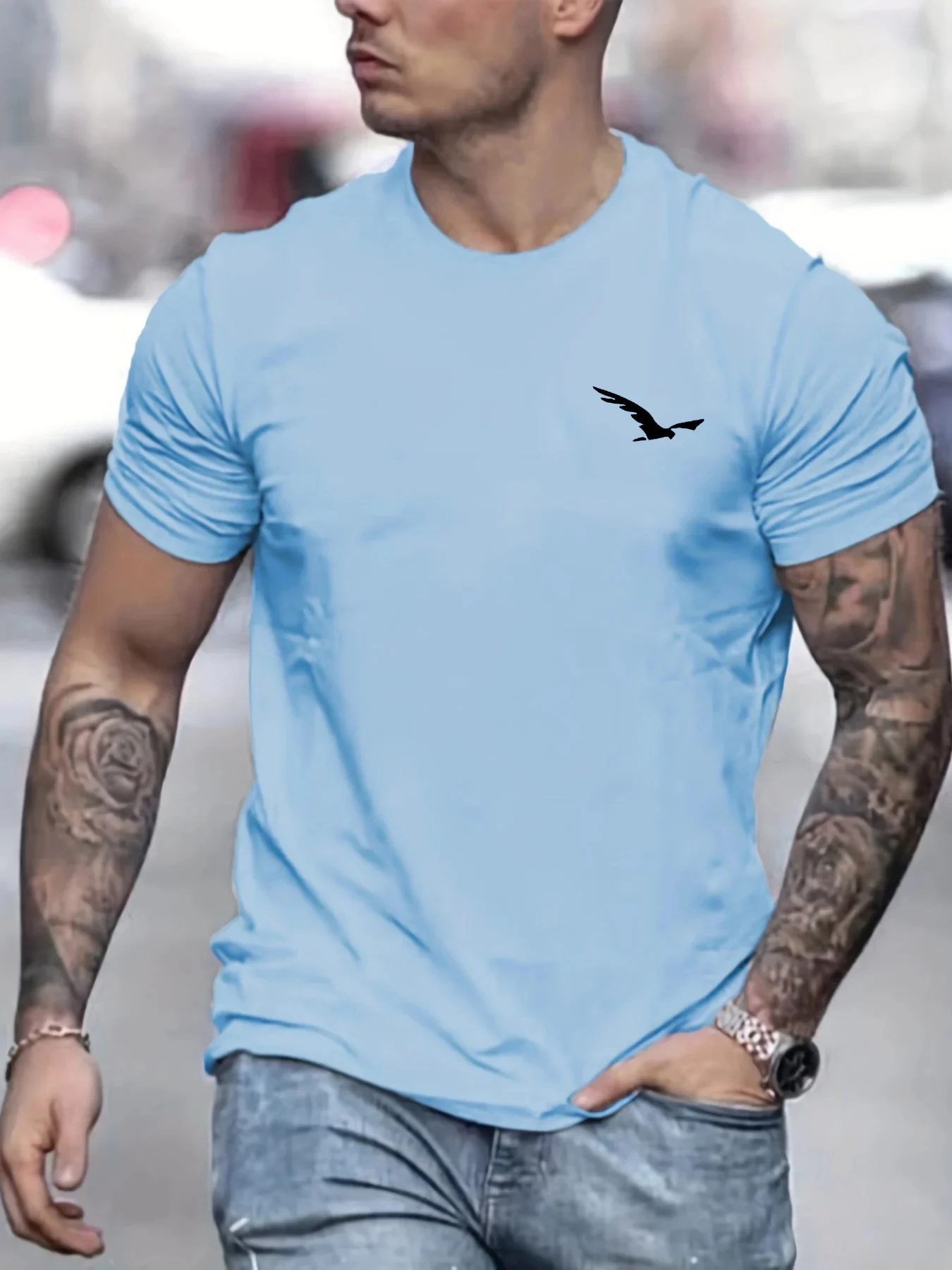 Men's 100% cotton summer loose fit Bird Graphic printed slim fit casual sports round neck short sleeved T-shirt top