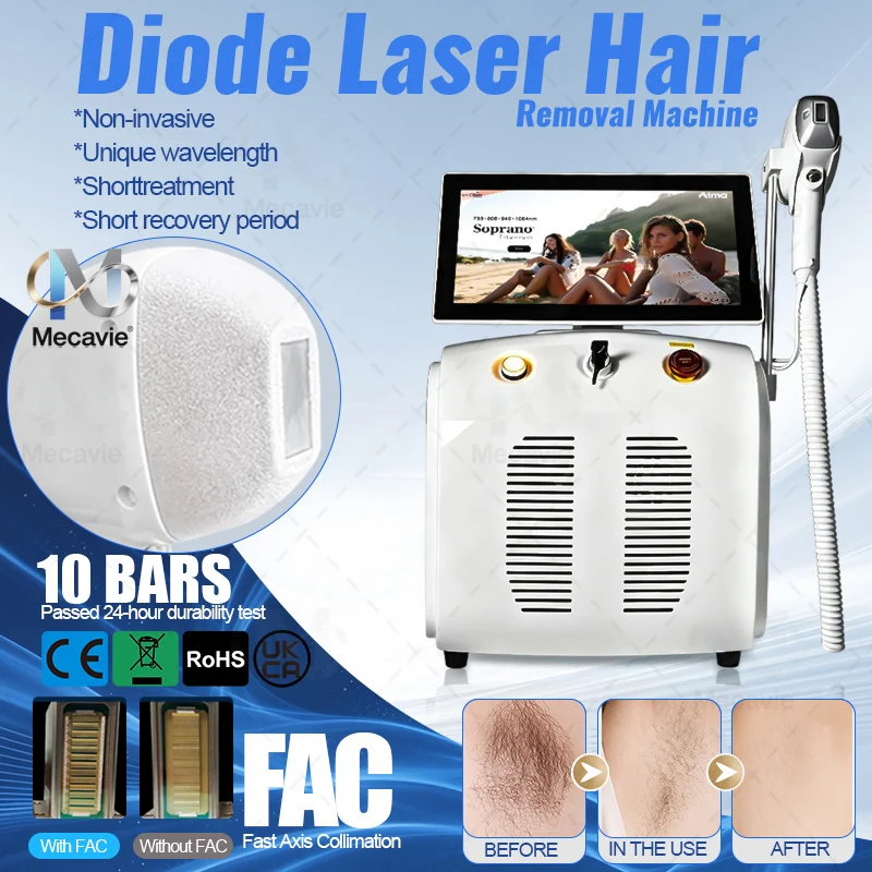 Mecavie 5000W Diode Laser Hair Removal Machine 5 Wavelengths 10 Bars FAC Collimation Sapphire Freezing Point Painless Permanent