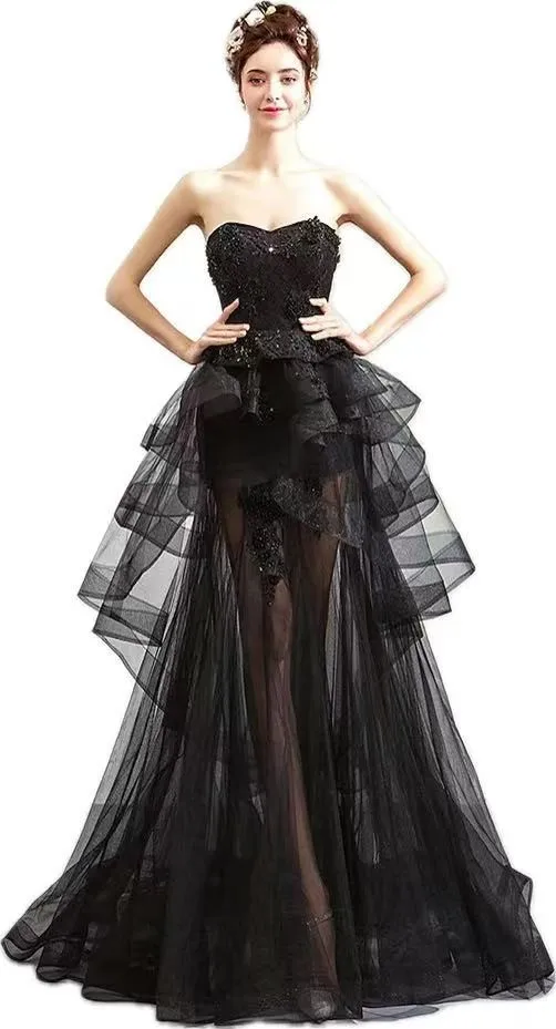 

Summer 2024 New Black Evening Dress Strapless A-line Lace Appliques Tiered Princess Birthday Party Gowns Vestidos De 15 Anos