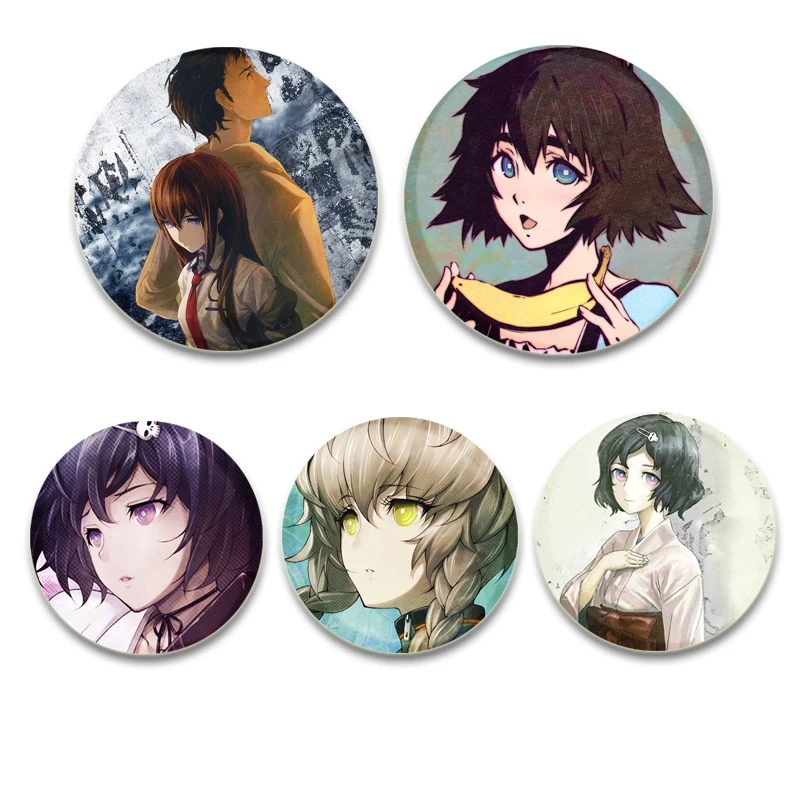 Anime Character Okabe Rintarou Makise Kurisu Badge 58mm Round Brooch for Backpack Clothes Accessories Fans Jewelry Gifts