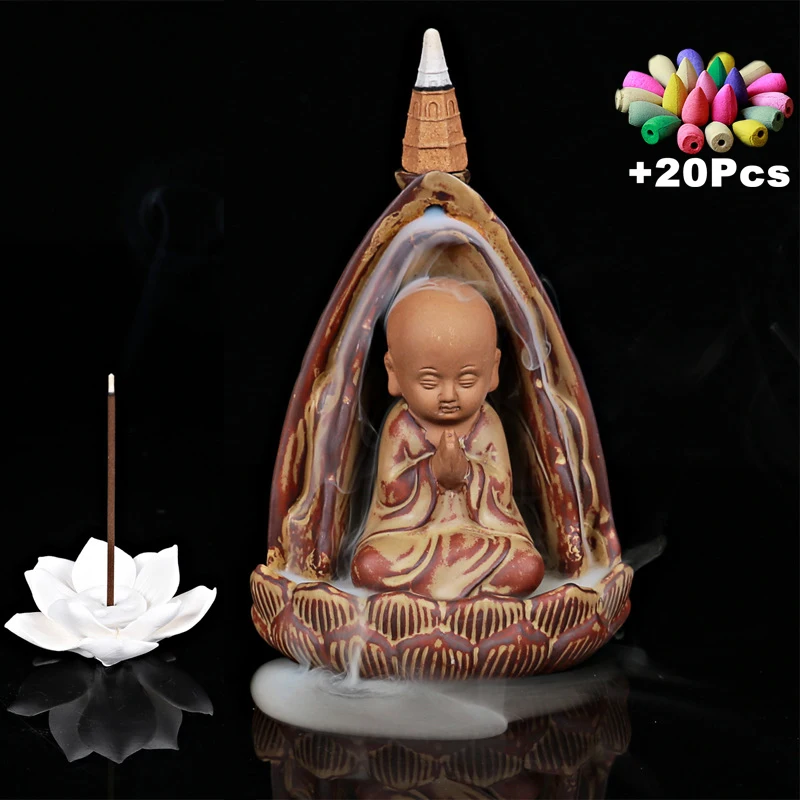 20 Incense Cones Zen Monk Backflow Stick Holder Decoration Micro Landscape Yoga Ornament