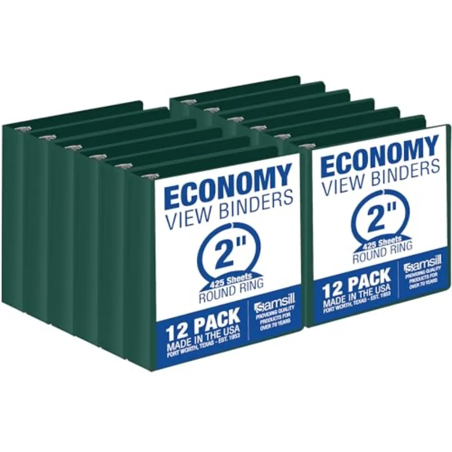 

2 Inch 3 Ring Binders Economy Round Ring Clear View Cover 425 Sheet Capacity - for School Home Office - Green 12 Pack