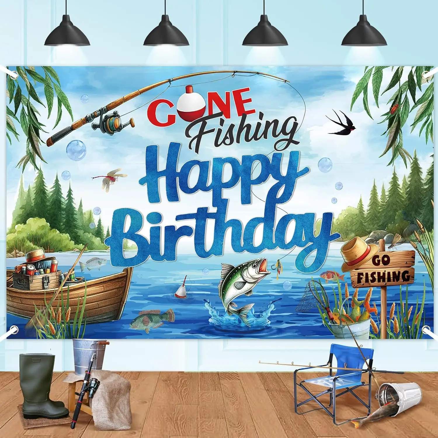 Photography Backdrop Gone Fishing Banner For Boys Men Birthday Party Retirement Yard Angler Christmas Party Decor Background