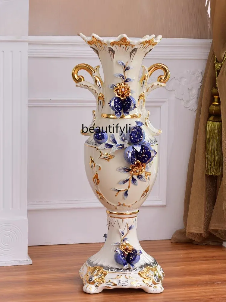 

European-Style Large Ceramic Vase Decoration High-End Large Teepee Decoration Dried Flower Vase Flower Arrangement Hallway