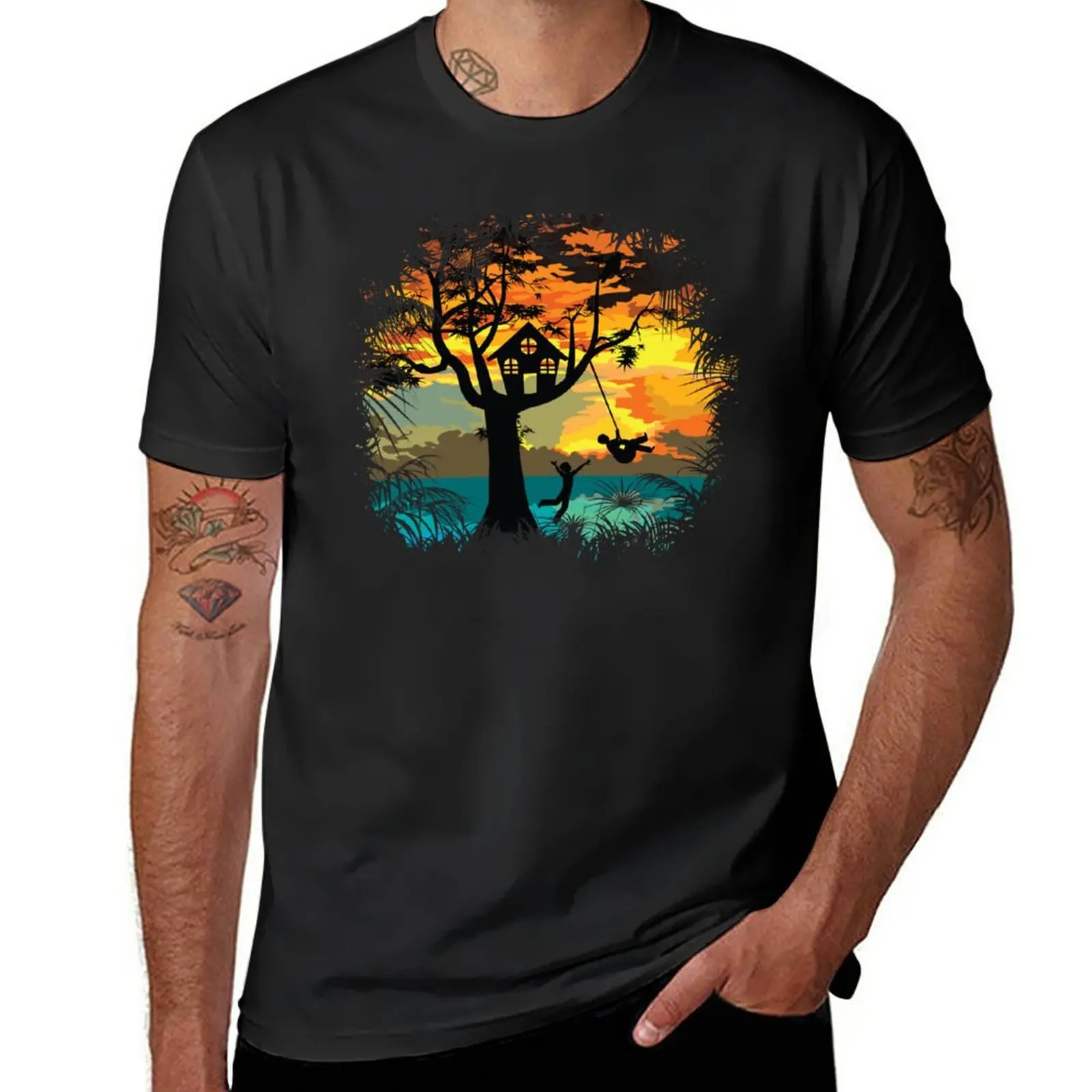 

Sunset Silhouette Swing T-Shirt anime quick-drying mens big and tall t shirts