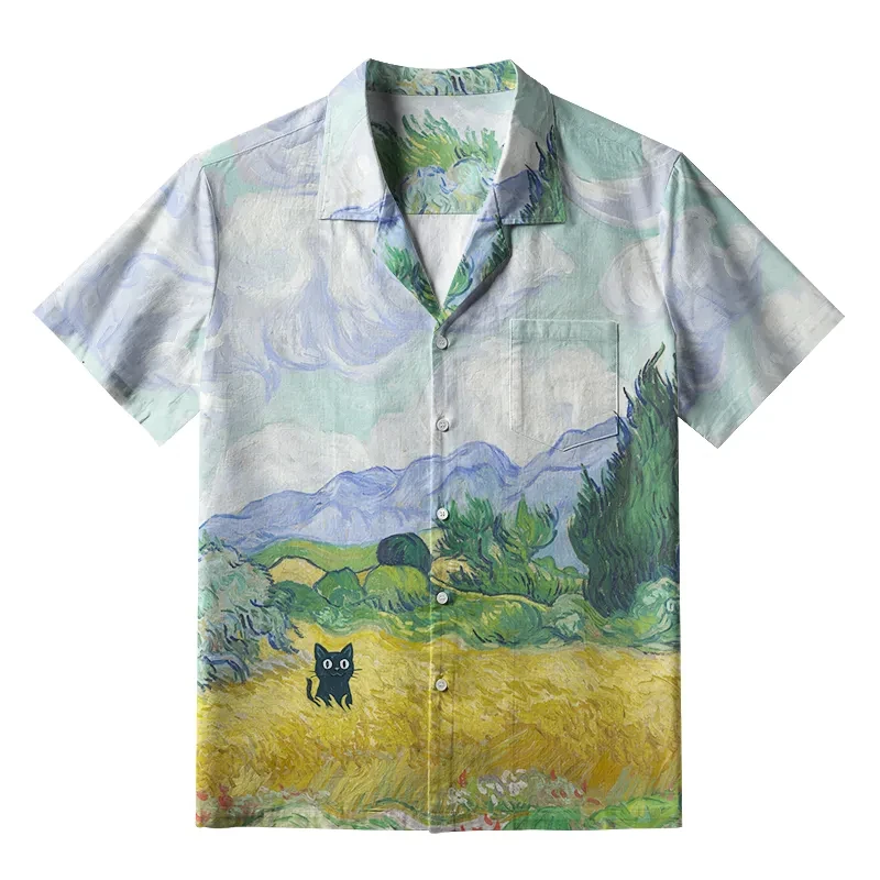 Hawaii Holiday Shirt For Men 3d Print Vintage Oil Painting Cat Summer Loose Hawaiian Beach Tops Casual Lapel Blouse Male Clothes