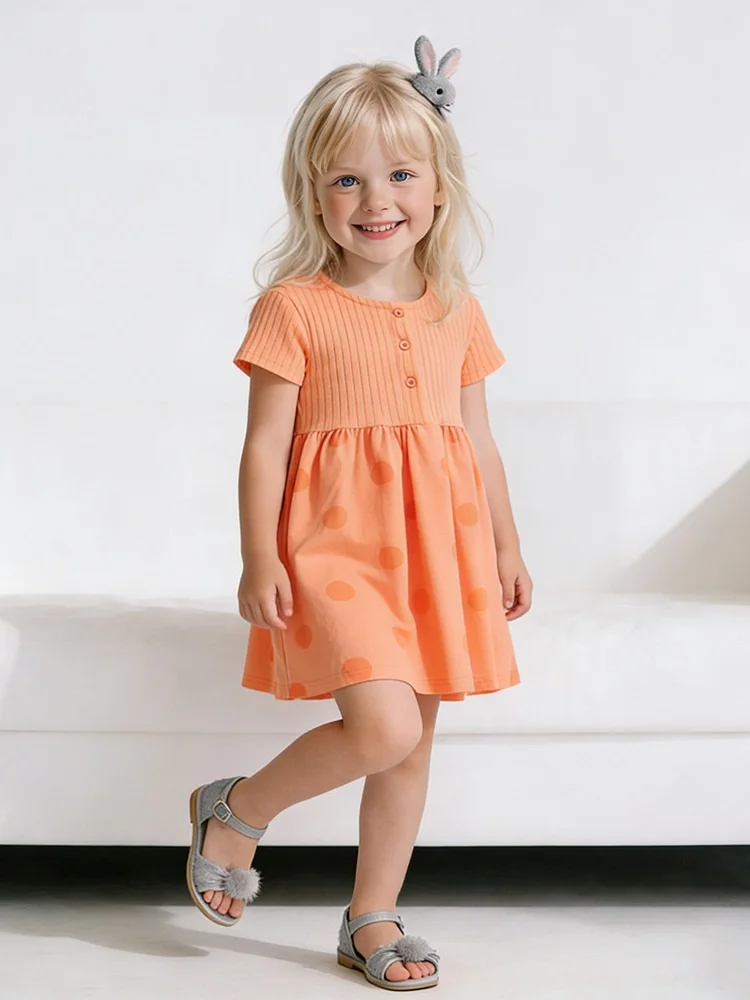 

Summer Baby Girls Cotton Ribbed Knit O-Neck Short Sleeve Polka Dots Dress Kid Sweet A-Line Skirt Children Casual Outfit 2-12 Yr