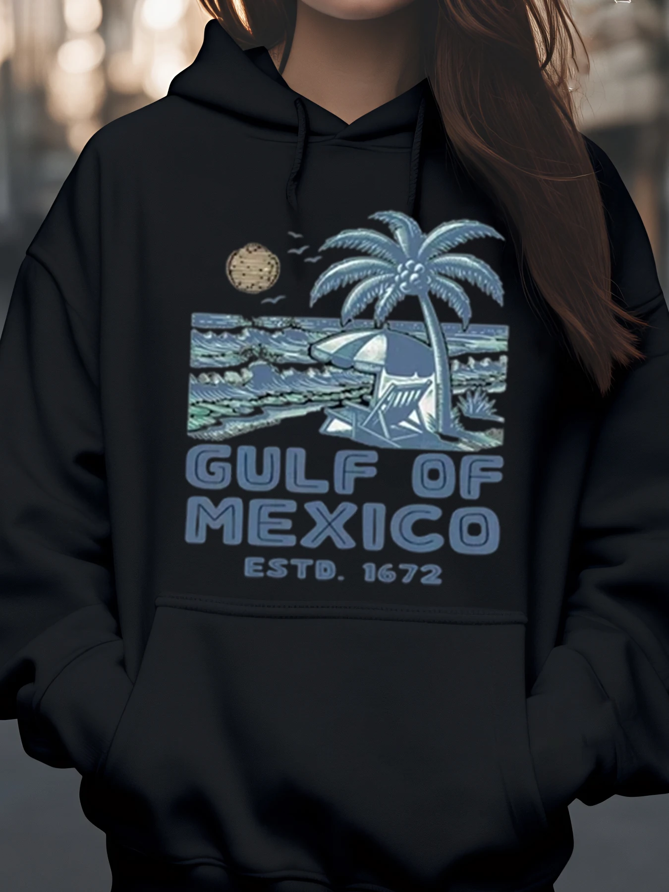 

Gulf of Mexico Palm Tree Beach Scene Толстовка с капюшоном для летних каникул Женская повседневная одежда