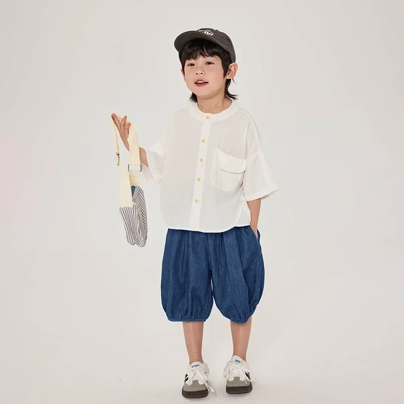 

Loose half sleeve shirts round collar casual Tops Summer cool boys solid color