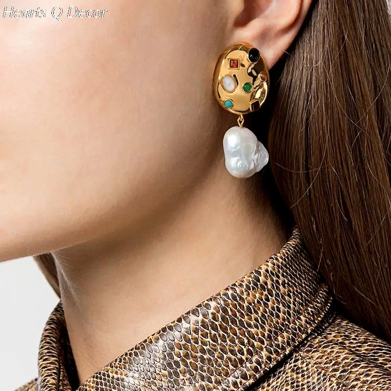 Brass Baroque Pearl Geo Statement Earrings Punk Party Gown Brincos Runway rare Boucle d'oreille Korean Japan Style Fashion