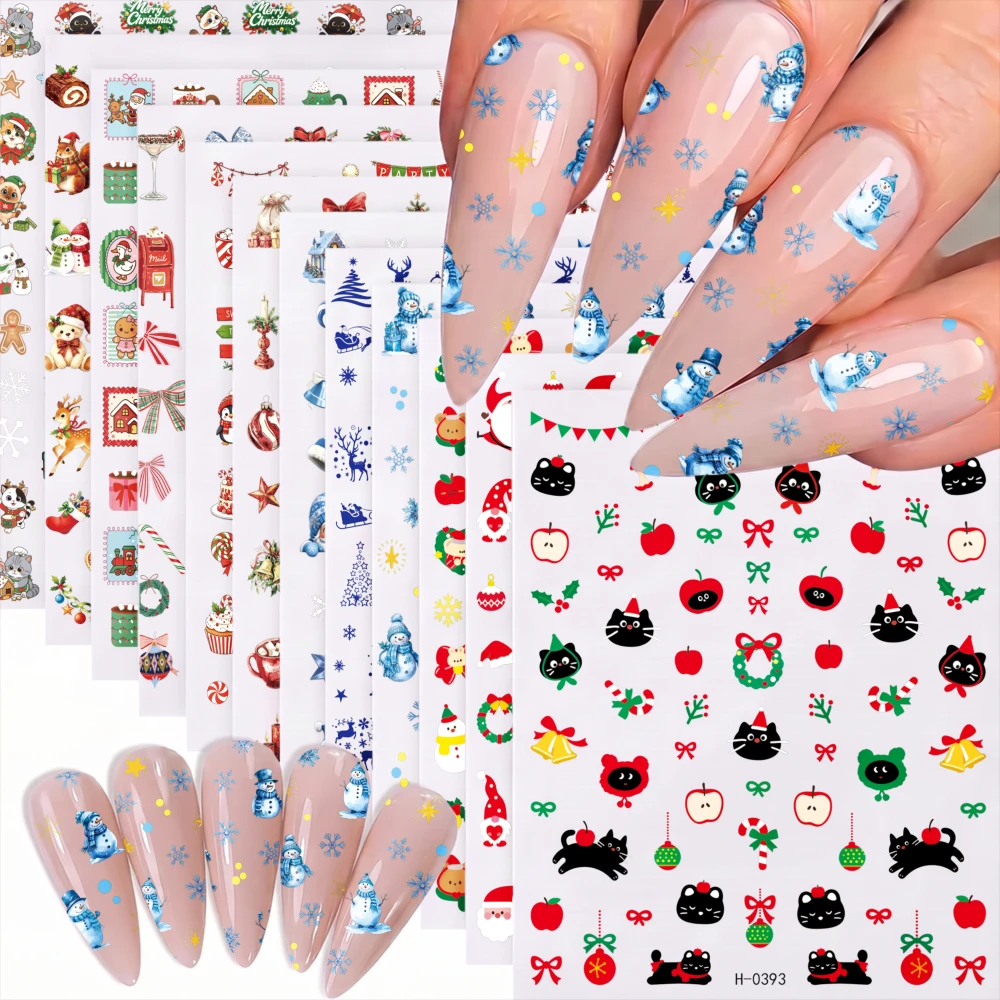 12Pcs Mixed Christmas Nail Sticker Cute Santa Elk Gingerbread Tree Snowman Black Cat Nail Decals Winter Xmas DIY Manicure Slider