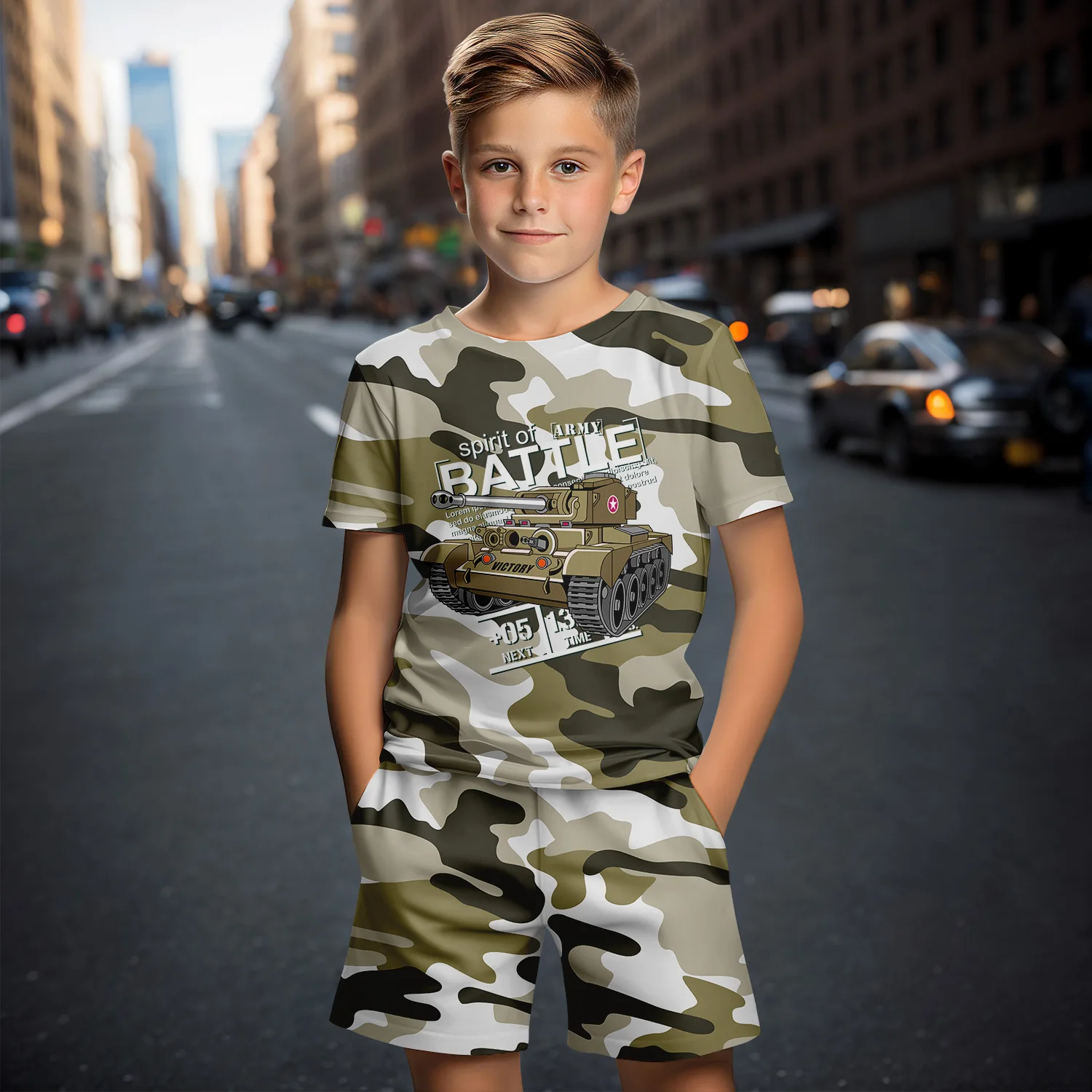 Camouflage Clothing Summer Breathable Children\'s Short Sleeved T-Shirt Set Shorts 3d Cartoon Print Boy Clothing Girl Toddlerbaby